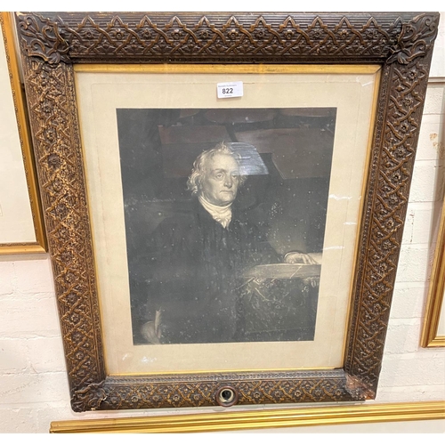 822 - A black & white etching of Rev Thomas Chalmers D.D., with a lock of hair set into the frame, 69 ... 