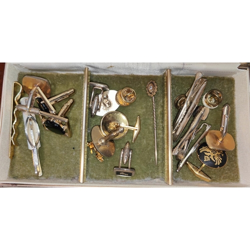 694 - A yellow metal stick pin set with diamonds, stamped 15ct, 1.7gms; a selection of gilt cufflinks etc