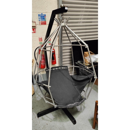 842 - A circa 1970's 'Parrot Cage' hanging chair in the manner of IB ARBERG metal cage and stand with canv... 