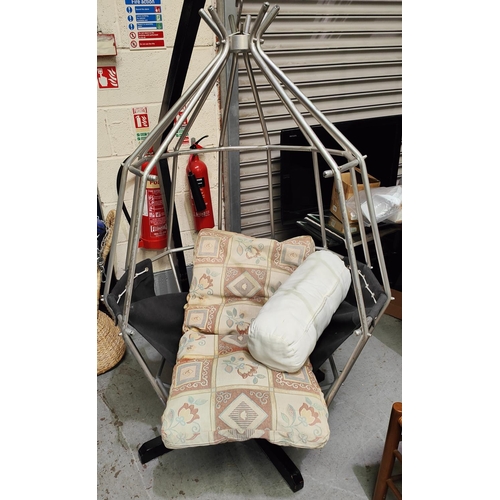 842 - A circa 1970's 'Parrot Cage' hanging chair in the manner of IB ARBERG metal cage and stand with canv... 