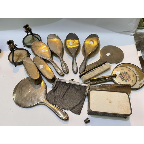 664a - Two hallmarked silver back dressing table sets; a mesh purse; etc.