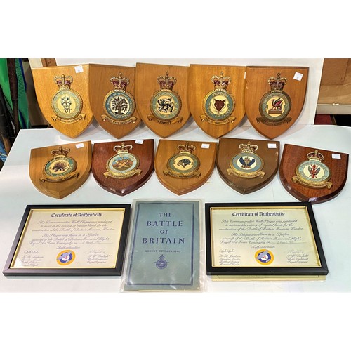 95 - Ten RAF wooden shields of various units and a selection of military pictures and prints