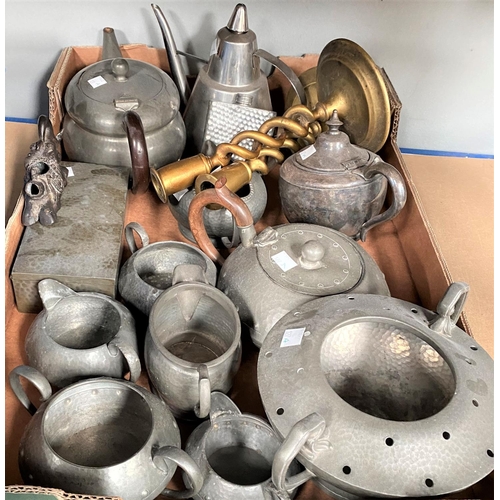 127A - A set of various pewter teapots etc; barley twist brass candlesticks and other metalware