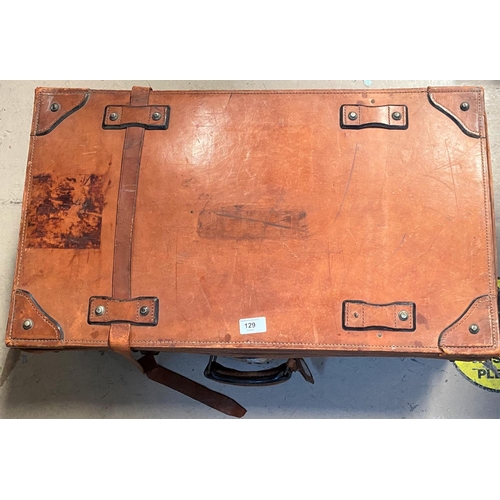 129 - A vintage tan coloured leather travel suitcase; a local interest print of Stockport General Infirmar... 