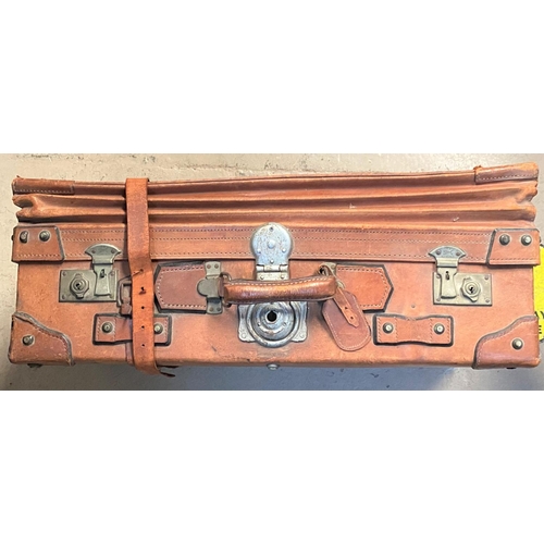 129 - A vintage tan coloured leather travel suitcase; a local interest print of Stockport General Infirmar... 