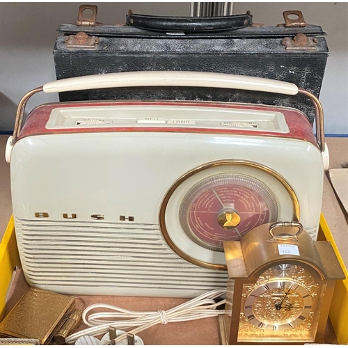 140 - A BUSH vintage MW/LM transistor radio, a gilt brass cased clock, a 1950's compact, a set of Linguaph... 