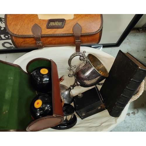 118B - A silver plated bowling trophy and two sets of bowls, a bible and cased box camera 