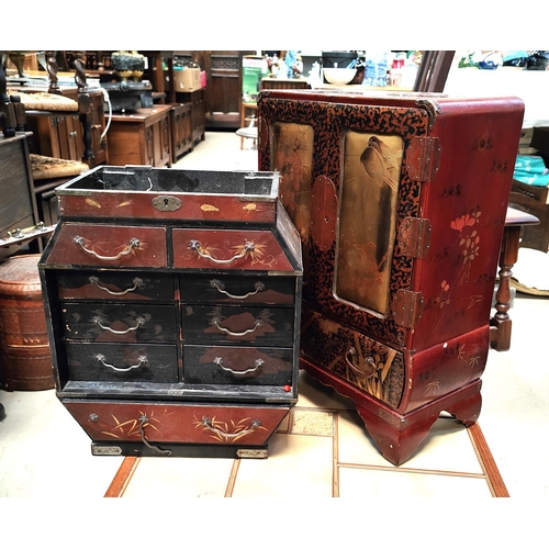 479 - Two lacquer Japanese cabinets and a lunch basket