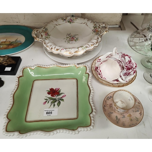 605 - A selection of decorative 19th century dishes, cups and saucers etc