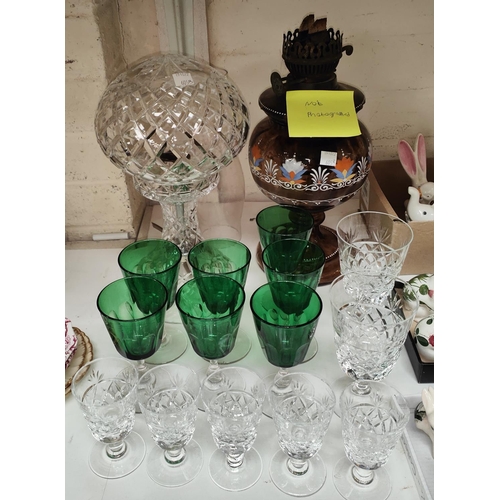 605B - A cut glass mushroom shaped lamp, a glass oil lamp (a.f), 7 green slice cut glasses and others