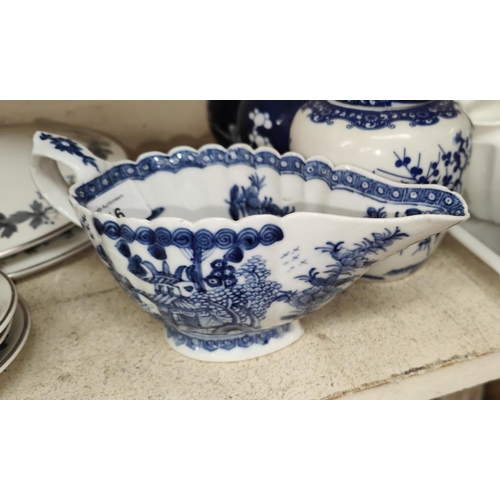 616 - A Chinese blue and white gravy boat made for export market with traditional scenes, 3 Chinese ginger... 