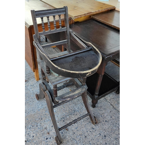 966 - An Edwardian inlaid corner fitting armchair: a vintage child's high chair with folding mechanism