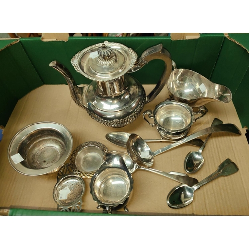 636A - A silver plated 3 piece tea service, silver plated ladle and other silver plated spoons etc