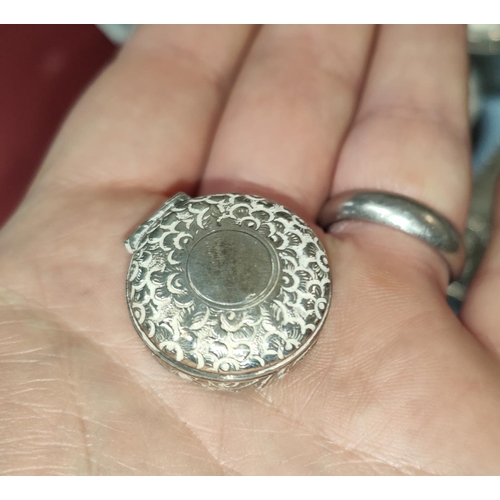 686 - A glass pin dish with silver cover, a Victorian silver pill box, other silver pieces