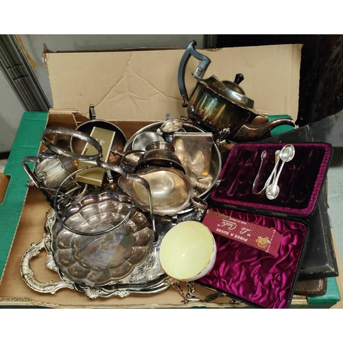 704 - A three piece silver plated tea service, boxed; silver plate cutlery etc.