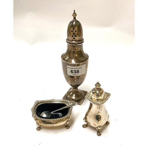 638 - A hallmarked silver sugar dredger Birmingham 1825, a salt and pepper cruet, hallmarked silver salt B... 