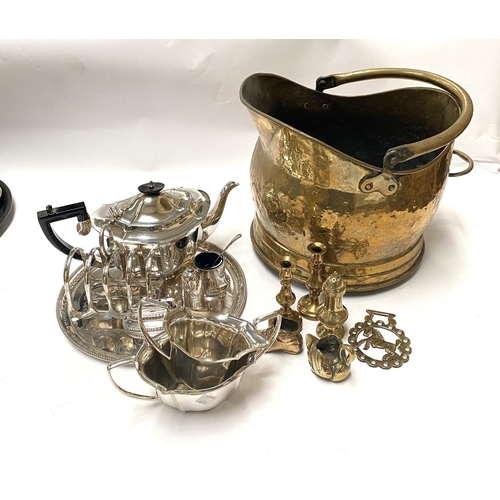 651 - A silver plated 3 piece tea service; other silver plate; a brass coal scuttle and brassware