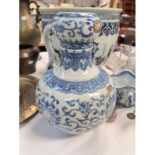 457 - A large blue & white Chinese jardinière  decorated with scholars etc., diameter 31cm; two other ... 