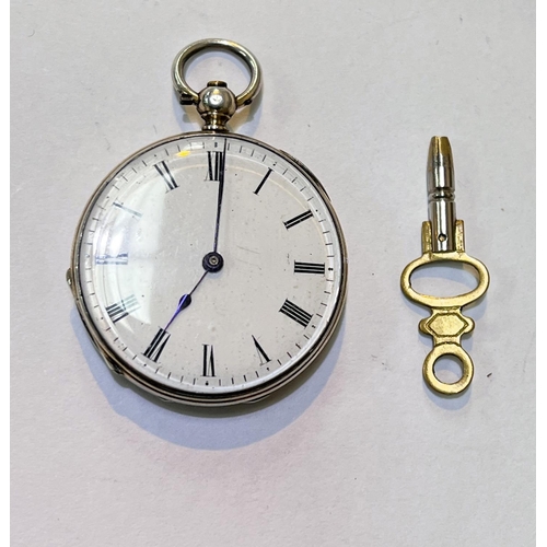 679A - A Continental silver open faced pocket watch with engraved scene to back with a white enamel dial