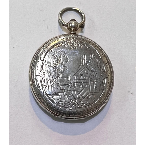 679A - A Continental silver open faced pocket watch with engraved scene to back with a white enamel dial