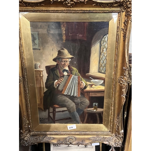 819 - A Aveheil: British School, oil on canvas, old man playing Melodian with Whisky and pipe, signed fram... 