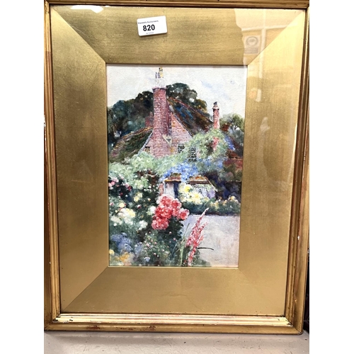 820 - 20th century watercolour of a cottage surrounded by trees and flowers, signed indistinctly, framed a... 