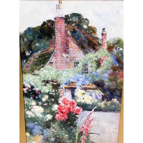 820 - 20th century watercolour of a cottage surrounded by trees and flowers, signed indistinctly, framed a... 