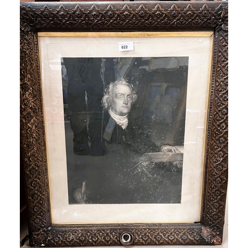 822 - A black & white etching of Rev Thomas Chalmers D.D., with a lock of hair set into the frame, 69 ... 