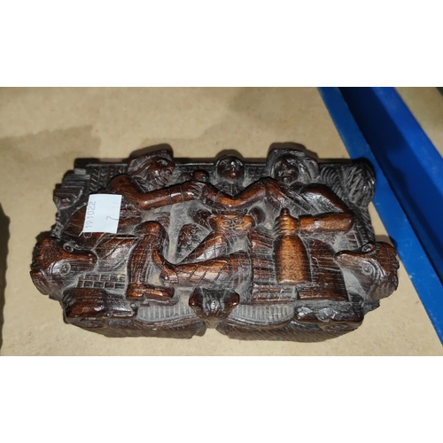 7A - A Scottish carved wooden box of men drinking and an inlaid prisoner box