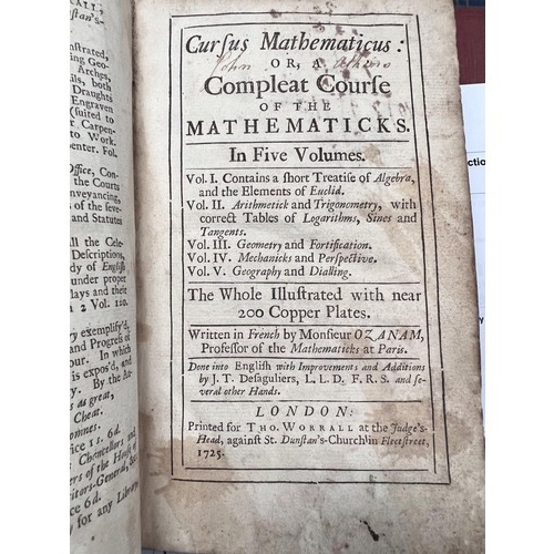 252 - OZANAM (Msr) - Cursus Mathematics Vol I only, 1725, 6 other leather bound books (unrelated)