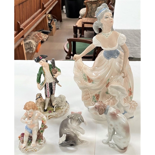 558a - A late Meissen figure: man in 18th century dress with bagpipes and sheep, crossed swords mark; a sel... 