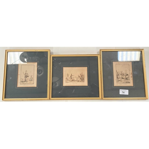 14 - Tree framed etchings and two framed Royal Doulton needle works.