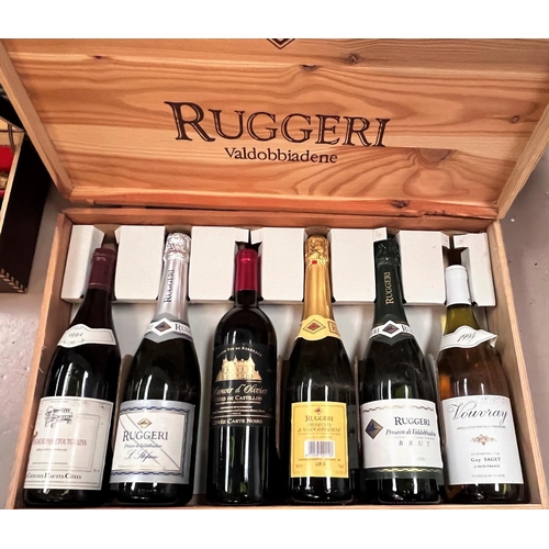 400C - A mix of 3 sparkling wines, 2 red wines and a bottle of Vouvrey 1994,RUGGERI Valdobbiadene in wooden... 