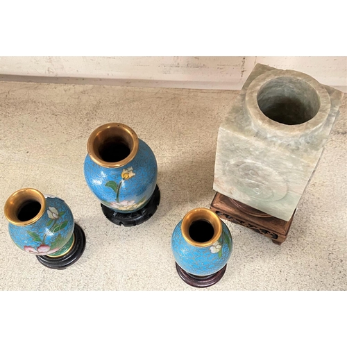 478 - A Chinese soapstone square vase on hardwood stand; 3 miniature cloisonné vases on stands