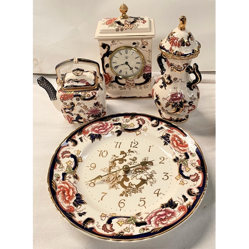 555 - A Mason's Mandalay mantle clock and similar wall clock; a teapot and a covered vase