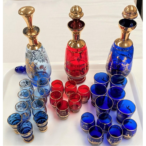 583 - 3 Venetian glass liqueur sets, 2 blue and one red, with 6 glasses each plus additional blue glasses