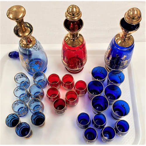 583 - 3 Venetian glass liqueur sets, 2 blue and one red, with 6 glasses each plus additional blue glasses