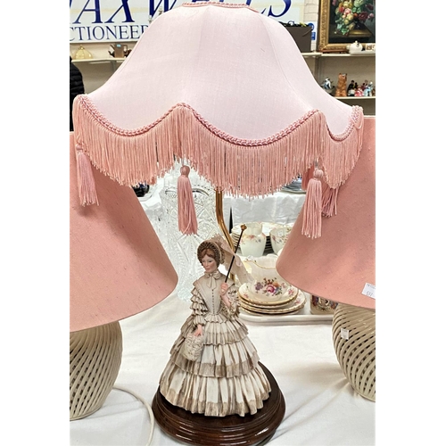 597 - A table lamp in the form of a Capodimonte style crinoline lady; a pair of pottery table lampsNo bids... 