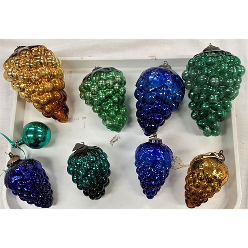 602 - A group of 8 vintage silvered coloured glass baubles moulded as grape bunches, length 10-15cm