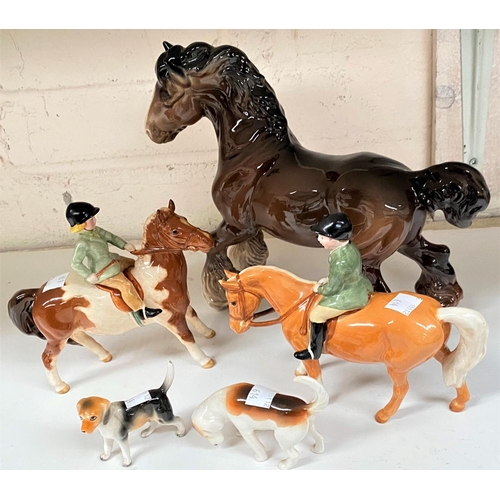 614 - Two Beswick hunting groups:  girls on ponies & 2 hounds; a Beswick shire horse