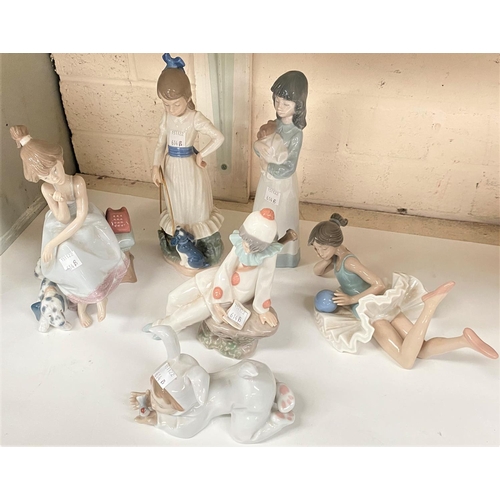 614B - A Lladro figure:  girl with dog; 5 Nao figures of children