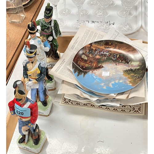 620 - Four porcelain figures of 19th century soldiers; 4 German collector's plates, boxed; a Royal Doulton... 