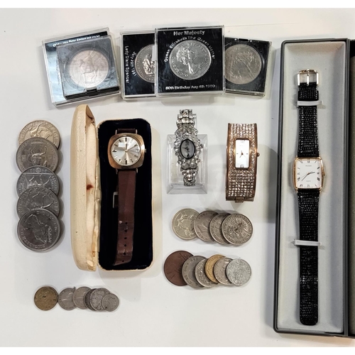 678 - Two ladies and 2 gent's wristwatches; a selection of crowns and other coins