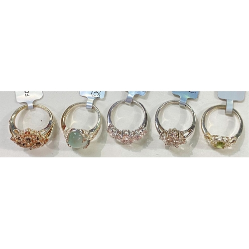 682a - 5 hallmarked silver rings set with Aquaprase and champagne small diamonds, Morganite; Andalusite