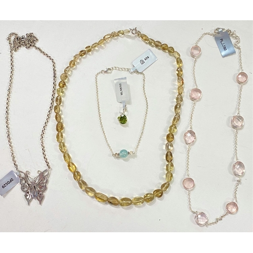 683a - A Rose quartz and hallmarked silver necklace; a Red Dragon Peridot and white zircon and hallmarked s... 