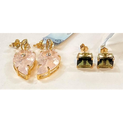 684 - A Lehrer flame cut rose quartz, 16.7 carat; 9 carat hallmarked gold earrings with white zircon ... 