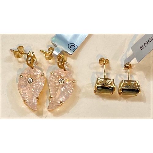 684 - A Lehrer flame cut rose quartz, 16.7 carat; 9 carat hallmarked gold earrings with white zircon ... 