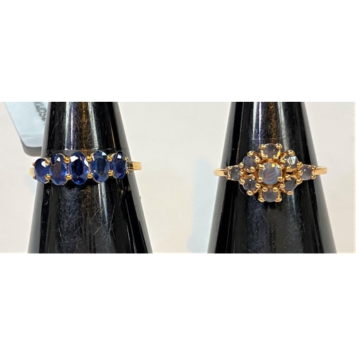 689 - A 9 carat hallmarked gold dress ring set row of Kanchanaburi sapphires, 1.46 carat, 1.71gm; a 9 cara... 