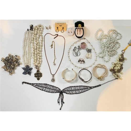 715 - A selection of costume jewellery:  pearl necklaces; bracelets; diamante earrings; etc.