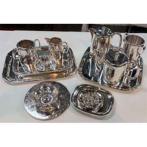 719 - A hotel ware silver plated 4 piece tea set; other silver plate:  a bottle stand; rectangular tr... 